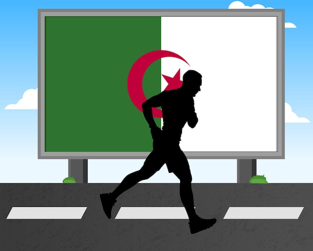 Running man silhouet met de vlag van Algerije op billboard olympische spelen of marathon competitie