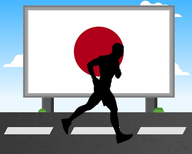 Running man silhouet met Japanse vlag op billboard olympische spelen of marathoncompetitie