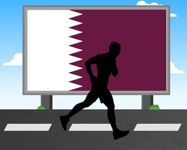 Running man silhouet met Qatar vlag op billboard olympische spelen of marathon competitie