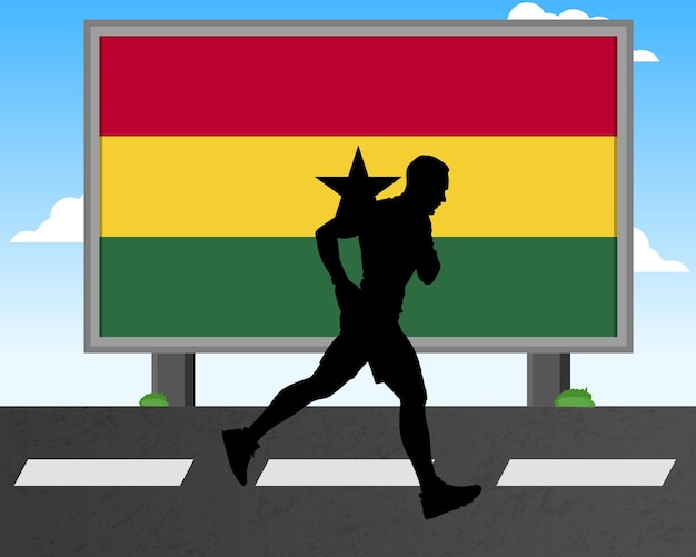 Siluetta dell'uomo corrente con la bandiera del ghana sui giochi olimpici del tabellone per le affissioni o sulla concorrenza di maratona