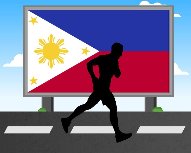 Vector running man silhouette with philippines flag on billboard olympic games or marathon competition