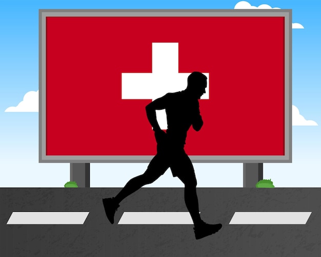 Силуэт бегущего человека с флагом Швейцарии на рекламных щитах олимпийских игр или марафонских соревнований