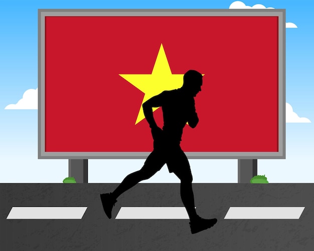 Vector running man silhouette with vietnam flag on billboard olympic games or marathon competition