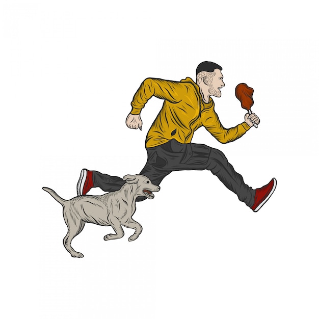 running man with dog hand drawing engraving illustration