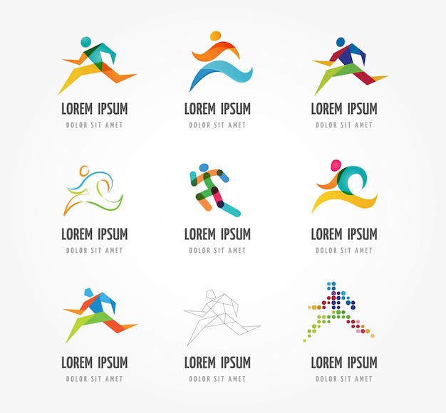 Vector running marathon people run colorful icon set