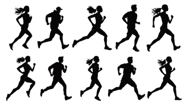 Running men and women vector set of isolated silhouettes