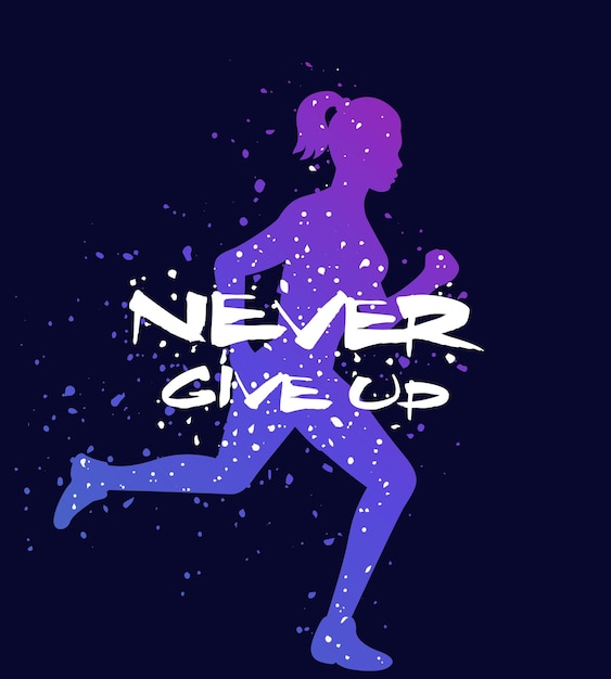 Running motivational poster, never give up, vector