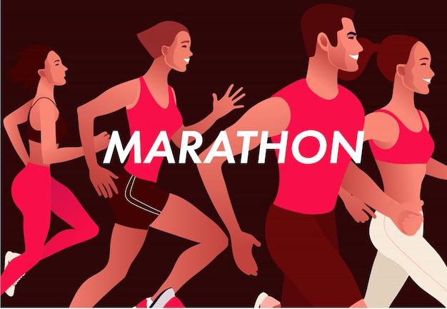 Running multinational people in bright sportswear. Men and women running marathon