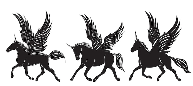 Running pegasus unicorns silhouette isolated vector