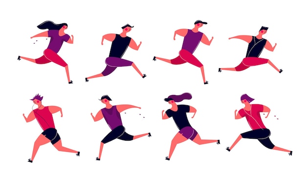 Vettore gruppo di persone in esecuzione in movimento jogging uomini donne che si allenano all'aperto