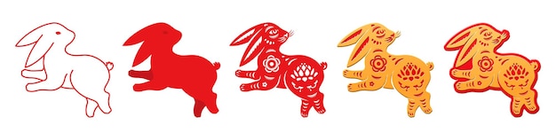 Running rabbit flat line and silhouette for chinese new year