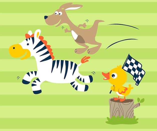 Running race animals cartoon on striped background