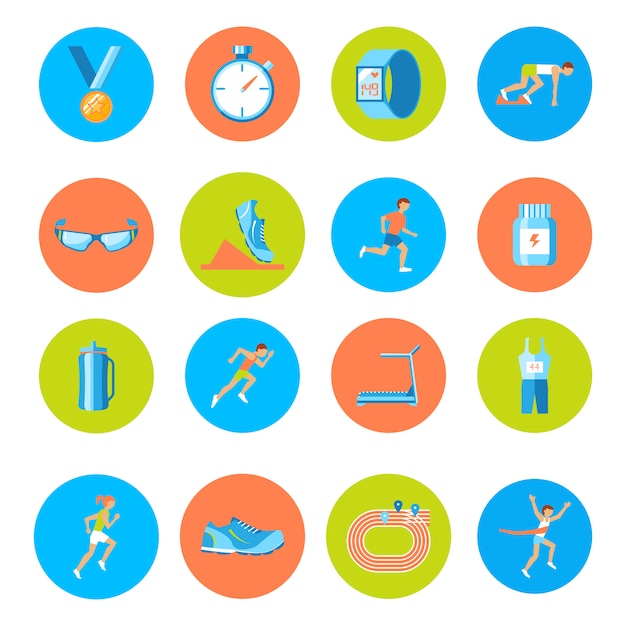 Running race sport activity round buttons icons set isolated