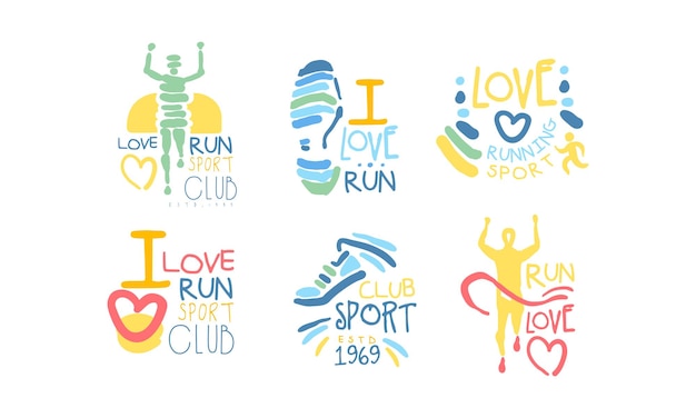 Running Sport Club Logo Set I Love Run Retro met de hand getekende etiketten Vector illustratie