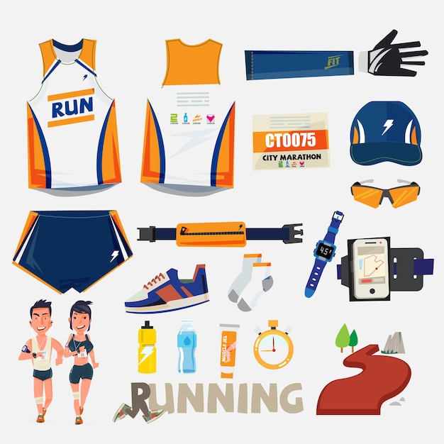 Vector running sport with equipment set