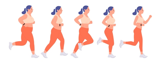 Running sport for woman body transformation before and after training isolated set on white