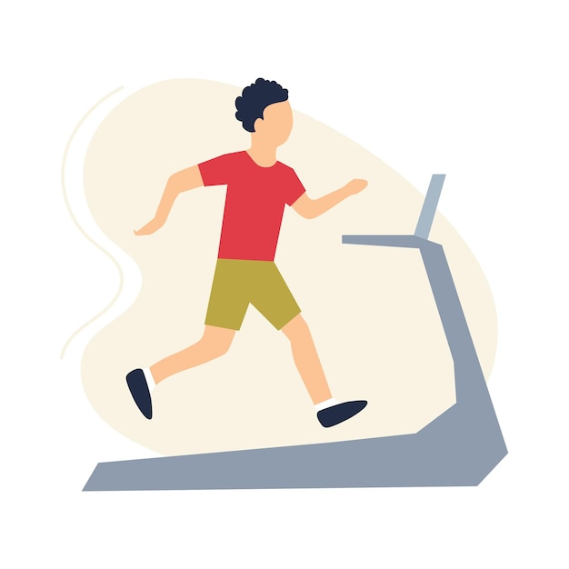 Running sporty man on the treadmill Cardio workout Healthy way of life concept Vector illustration