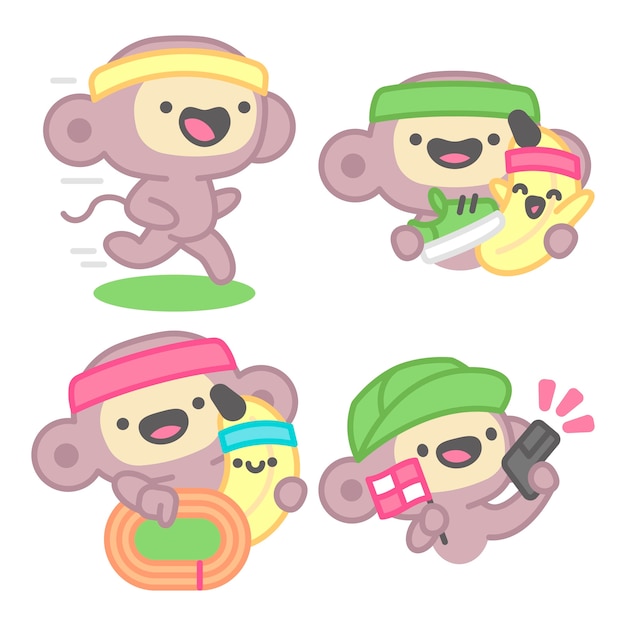 Vector running stickers collection with monkey and banana