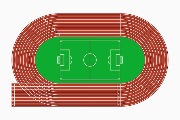 Pista da corsa e campo da calcio o da calcio, vista dall'alto dello stadio sportivo. illustrazione vettoriale.