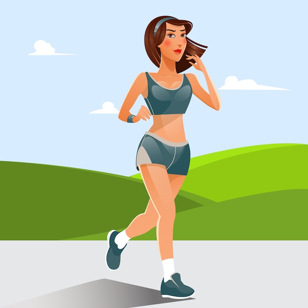 Running vrouw. Fit meisje sport oefeningen doet. Vrouw loopt door de weiden. Vector illustratie