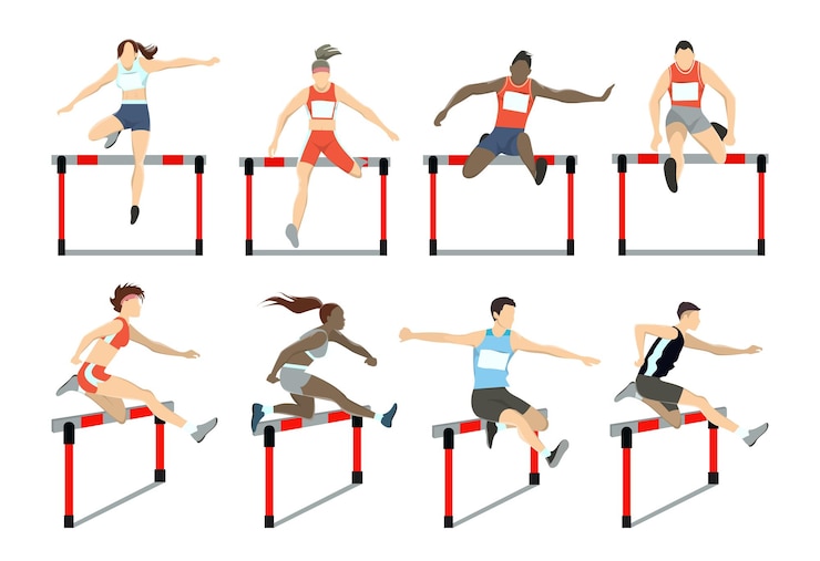 Vector running with barrier set steeplechase with women and men