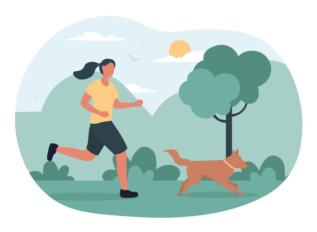 ベクトル 犬と走る 女の子がペットとマラソンに行った 女の子が公園で歩く 自然の公園のスポーツ