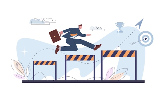 running with obstacles to goal businessman jump over hurdles run to success office worker overcoming barriers problems difficulties kicky corporate vector concept