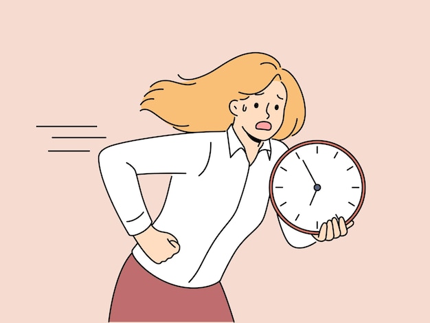 Vector running woman is holding clock and is nervous trying to comply with deadlines and complete work on time business woman making career as manager is in hurry to not be late and meet deadlines