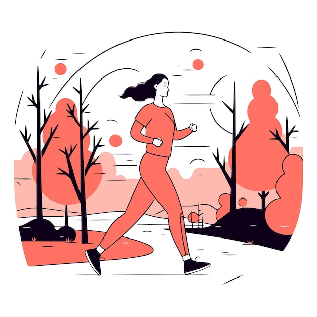 Vector running woman jogging in the park in flat style