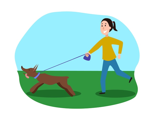 Vettore donna che corre con illustrazione piatta del cane animale domestico e proprietario di personaggi dei cartoni animati nel parco