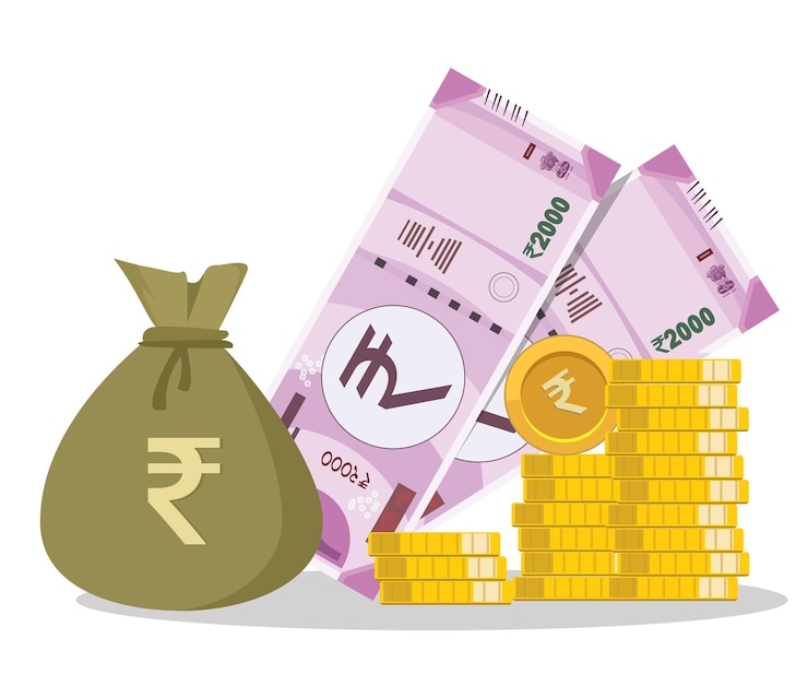 वेक्टर rupee bag, rupee note and coin showing growth