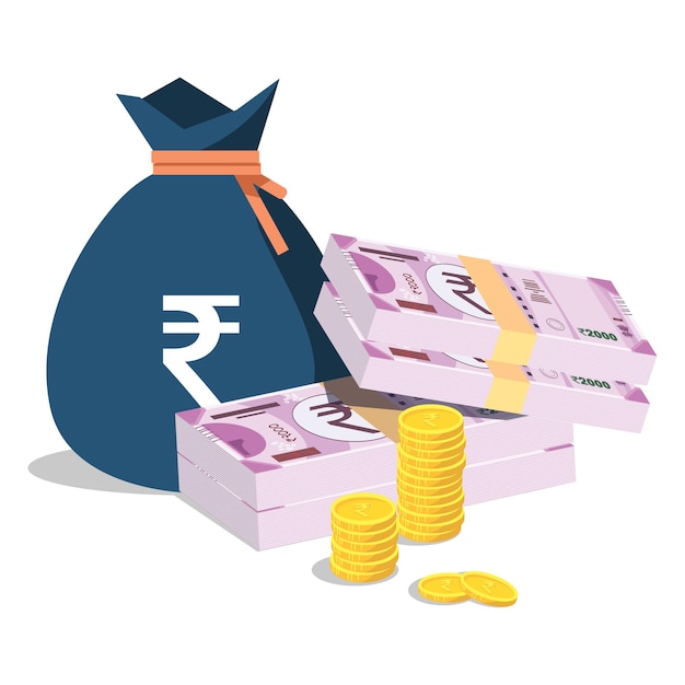 Rupee bundle with rupee bag with coins, economy growth vector illustration