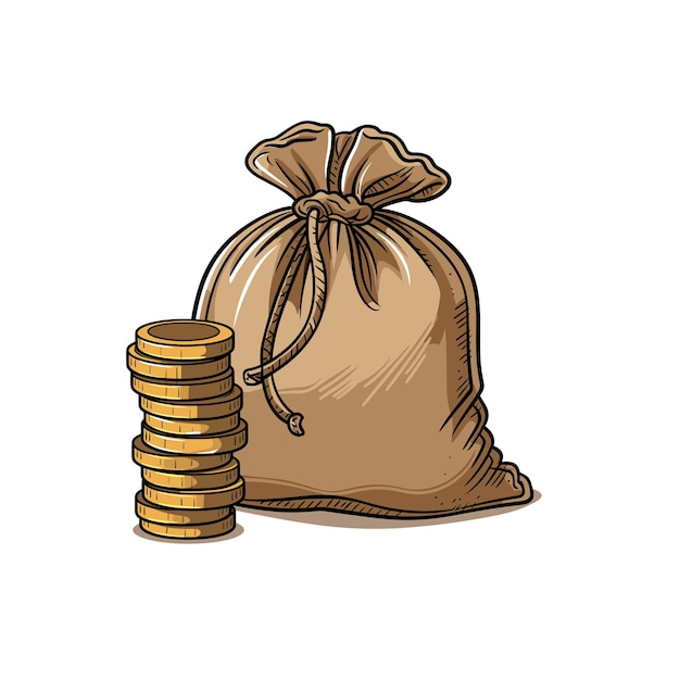 Rupee Money bag jute money bag Rupee bag and rupee stack isolated on white background