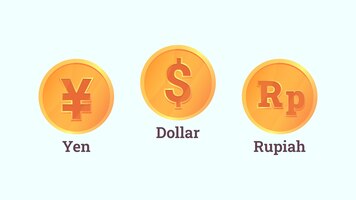 Vector rupiah, dollar, and yen currency types of gold coins, medium of exchange for buying and selling