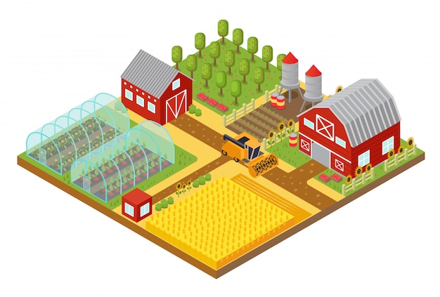 Vector rural 3d farm isometric template with garden, field farmer house and greenhouse game or app  illustration.