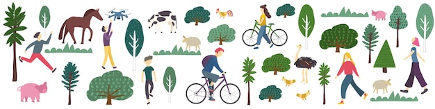 Rural banner with people leisure activity trees grass and farm animal Characters in village or farm Lot of active adults and kids riding bicycles jogging and playing in summer