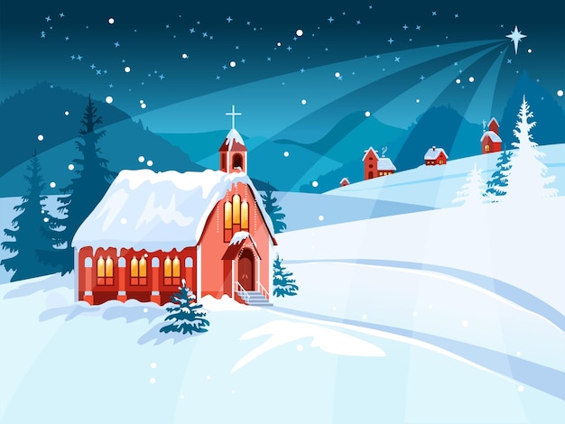 Vector rural catholic church at christmas winter landscape