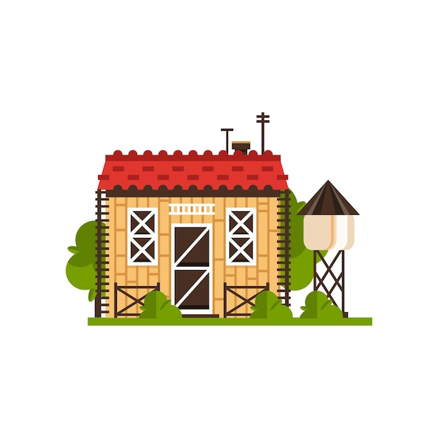 Rural cottage and water tower countryside construction vector Illustrations on a white background