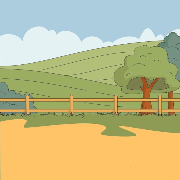 Vector rural countryside landscape of fenced fields