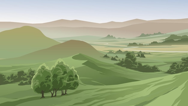 Vector rural countryside landscape with hills and mountains