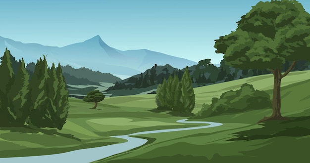 Vector rural countryside scenery with mountain, river and meadow