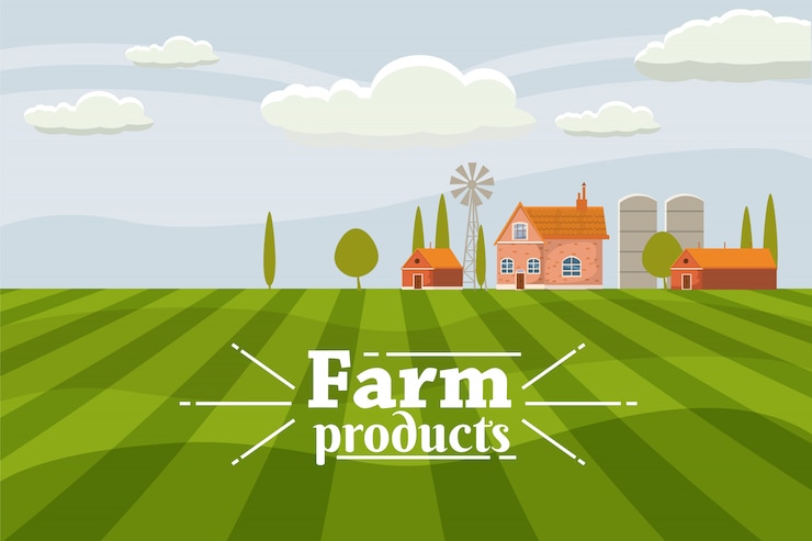 Vector rural cute countryside landscape with farm. cartoon style