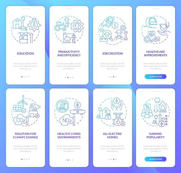 Rural electrification blue gradient onboarding mobile app screen set walkthrough 4 steps graphic instructions pages with linear concepts ui ux gui template myriad probold regular fonts used