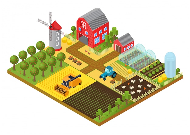 Rural farm 3d isometric template concept with mill, garden park, trees, agricultural vehicles, farmer house and greenhouse game or app illustration.