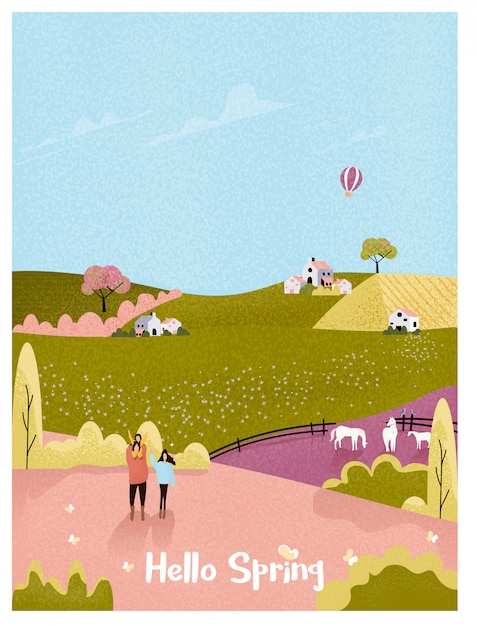 Сельская ферма весной или летний пейзаж открытка. Счастливая семья с ребенком в естественной ферме. Винтажный розовый и зеленый цветовой тон с шумом и зернистым.