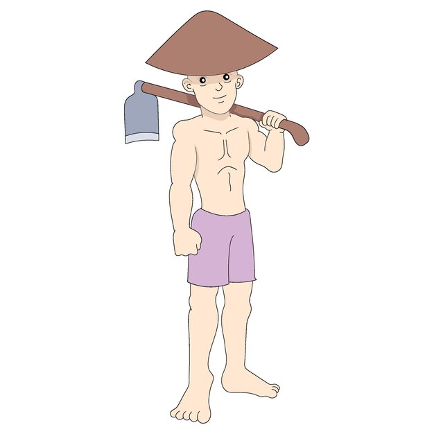 Vector rural farmer is carrying a hoe wearing a hat