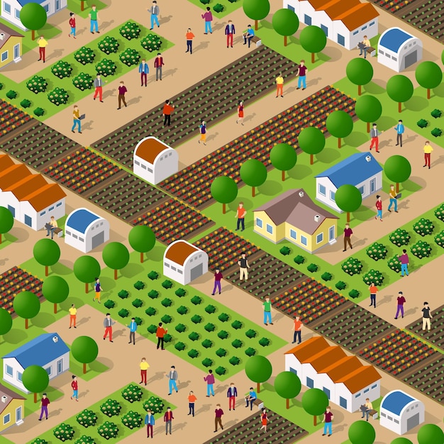 Rural isometric nature ecological farm with beds and structures and people