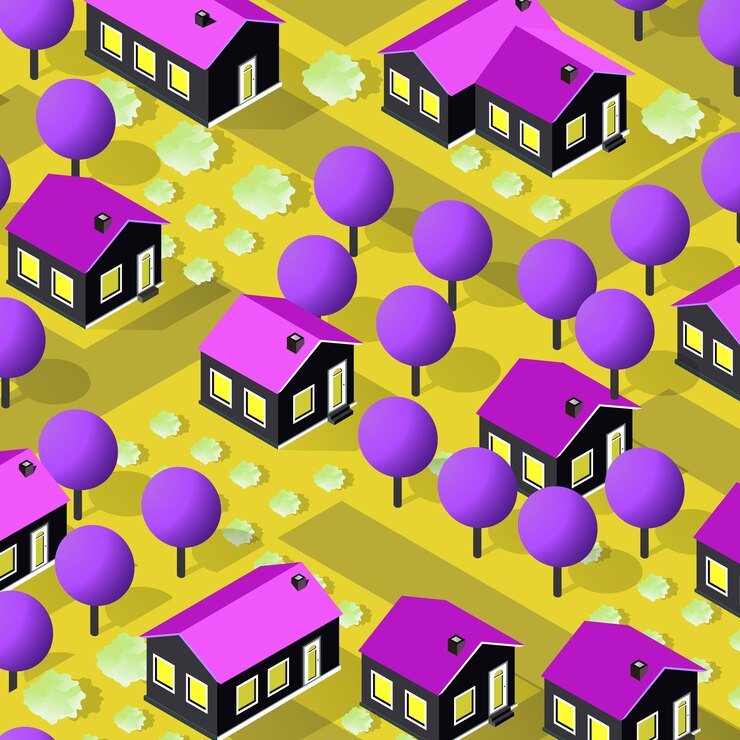 Vector rural isometric ranch farm with trees fields and garden bed