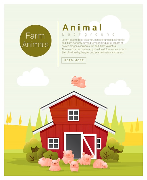 Сельский пейзаж и ферма животных фон со свиньями