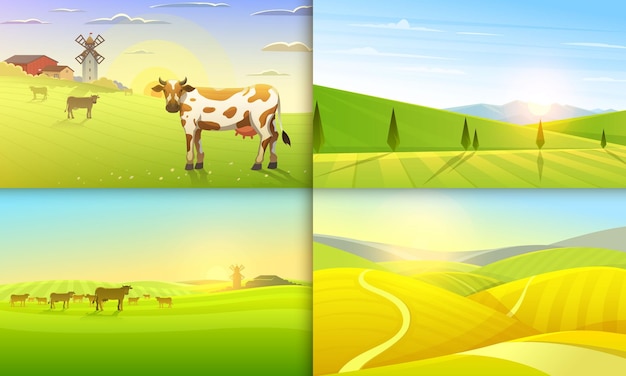 Rural landscape and cows Farm Agriculture Vector illustration Poster with meadow Countryside retro